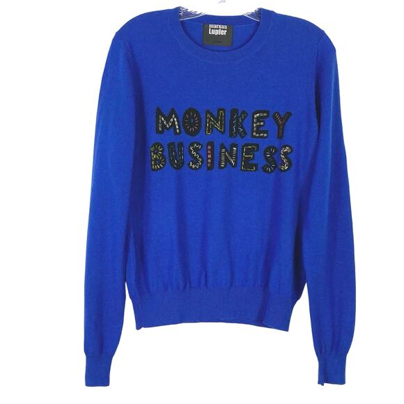 NWOT MARKUS LUPFER Sweater M Royal Blue Merino Wool Beaded Monkey Business - Picture 1 of 7